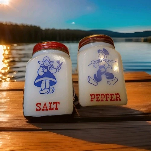 VINTAGE HAZEL ATLAS SALT PEPPER SHAKERS DUTCH BOY & GIRL WHITE MILK GLASS