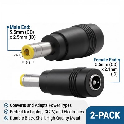 2pcs DC Power Adapter 5.5x2.1mm Female Jack to 5.5x2.5mm Male Plug