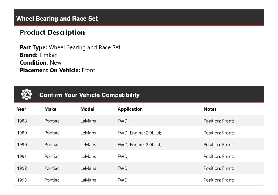 For 1988-1993 Pontiac LeMans FWD Wheel Bearing and Race Set Front Timken 1989 - Image 2 of 4