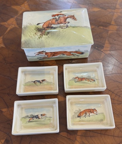 V. Rare Vintage Royal Doulton Fox Hunting Cigarette Set Box with all 4 trays - Picture 8 of 12