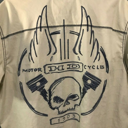 Harley Davidson XL 1903 Hemd bestickt Totenkopf Flügel Kolben beige blau schwarz