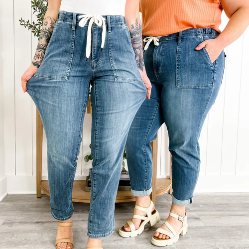 Women Denim Leggings Stretch Jean Pants Pull-On Drawstring Jogger Straight Pants