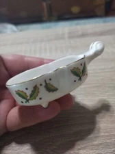 Vintage bone china porcelain open salt dish. Violin shape, leaves
