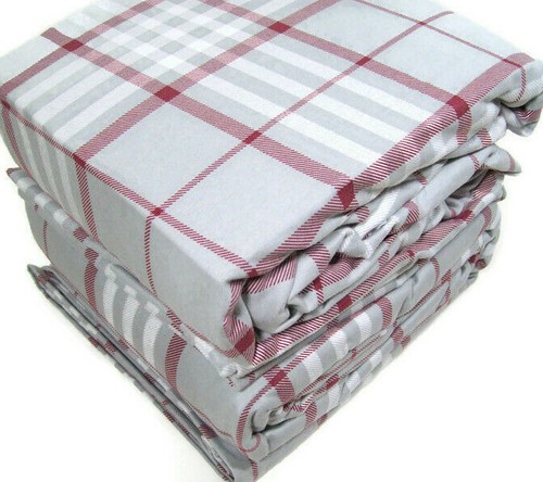 Cuddl Duds Heavyweight Cotton Flannel Gray Red Plaid Queen Sheet Set New
