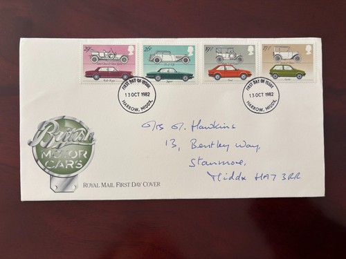Großbritannien 1982 - British Motor Cars Briefmarken Set FDC, Harrow, Middx