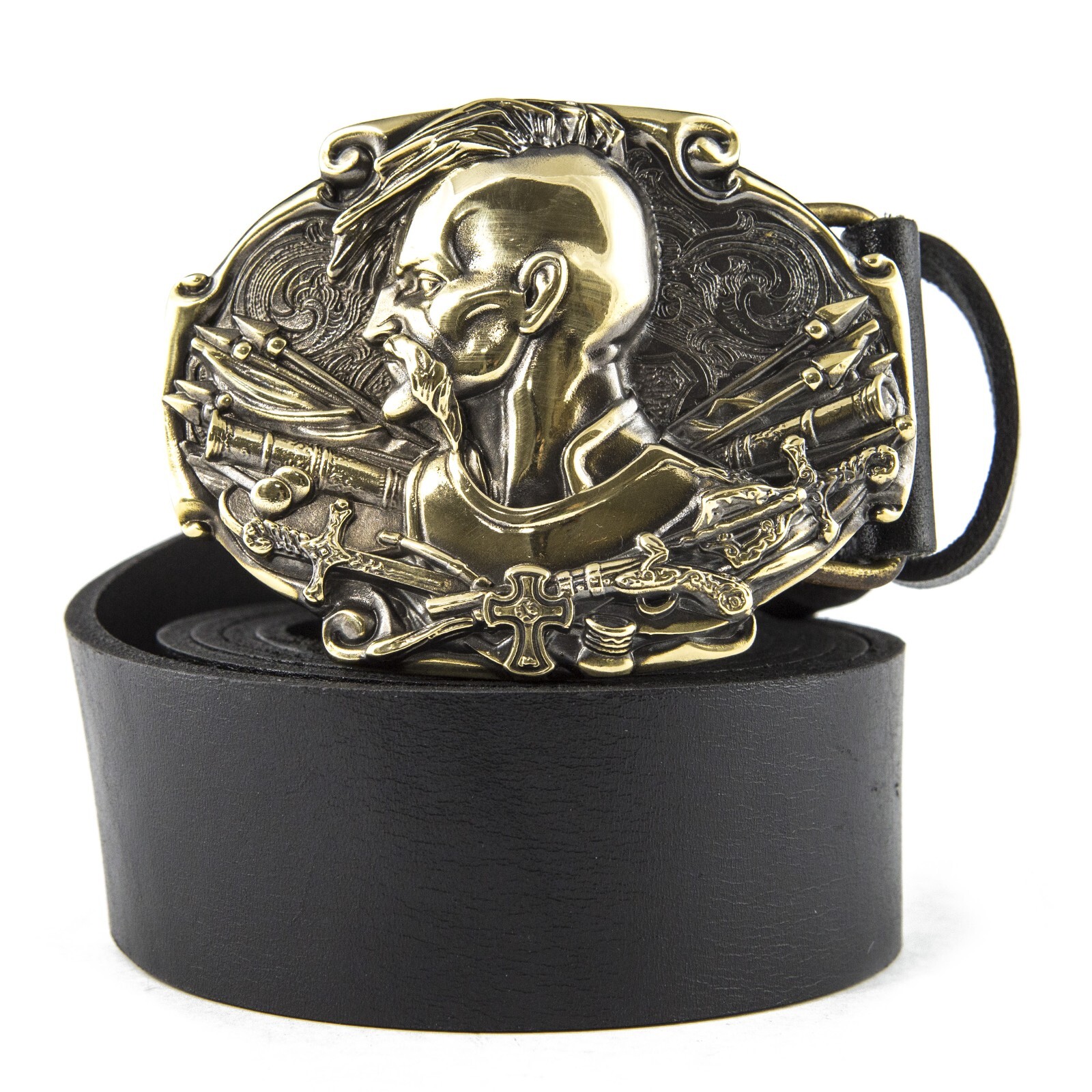 Leather belt with brass buckle Cossack, Ukrainian warrior, military brass buckle-image