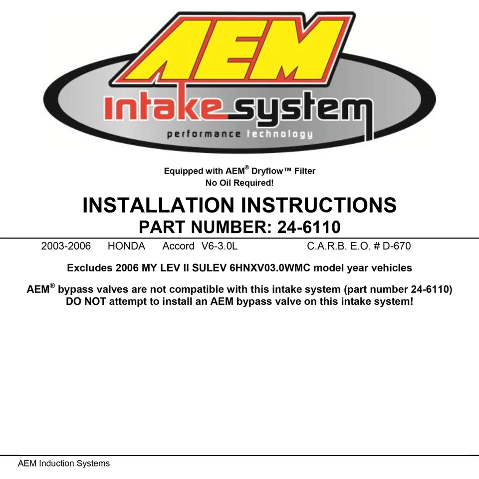 Sistema de admisión de aire frío de rendimiento AEM 24-6110C para Honda Accord 2003-06 3,0 L V6 Foto 4 de 4
