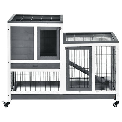 Wooden Indoor Rabbit Hutch Guinea Pig Elevated Cage Habitat with Enclosed Run 