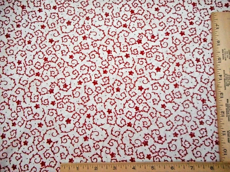 Moda Patriotic Fabric 1 5/8 Yard Red Stars & Swirls on Ivory Premium Cotton Vtg - Image 2 of 2