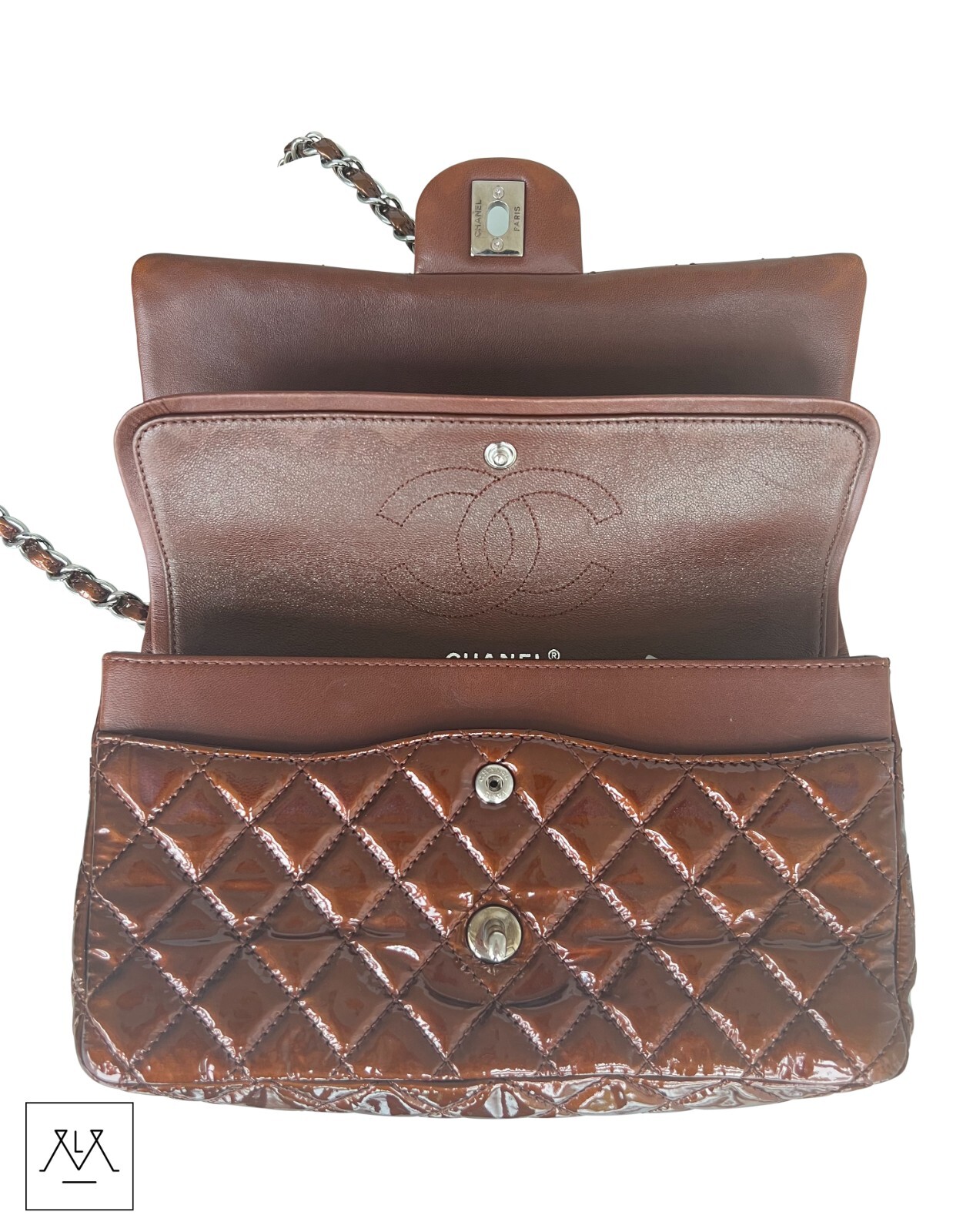 Chanel Double Flap Bag Metallic Bronze Patent Leather - 100percent Authentic image 8