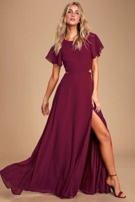 white christmas dresses Burgundy Sequin Halter Neck Sleeveless Cut-Out & Ruched Detail Maxi Dress  /3-2-1 main image 1