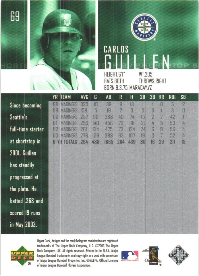 2004 Upper Deck - #69 Carlos Guillen Seattle Mariners - Image 2 of 2