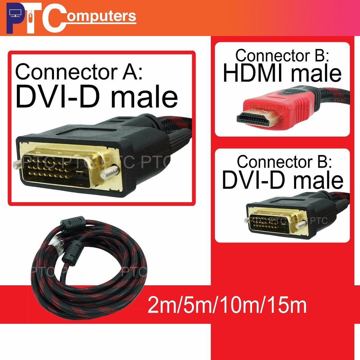 2M 5M 10M Premium DVI-D to HDMI Cable Male to Male Gold-Plated TV