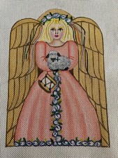 Hand Painted Needlepoint Canvas 18 CT  XMAS ANGEL STAND-UP IN PEACH DRESS
