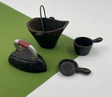 Vintage Miniature Cast Iron Coal Bucket Iron Pot Pan Doll House Lot