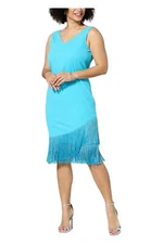 Antthony V-Neck Scuba Knit Tank Dress w Fringe Hem Blue Glass