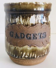 Vintage 1976 Studio Pottery  Utensil Stoneware Gadgets Crock Signed 5.25 Tall