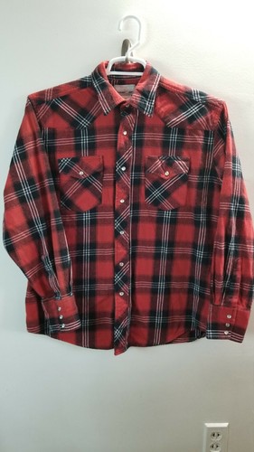 Wrangler MENS shirt LARGE plaid Pearl Snap Red Black long sleeve collared - 第 1/9 張圖片