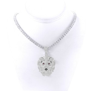 Silver Finish Micro Pave Large Lion Head Pendant 4mm Tennis Chain 1 Row Necklace Silver Finish Micro Pave Large Lion Head Pendant 4mm Tennis Chain 1 Row Necklace