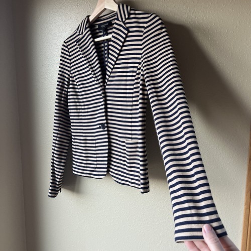 Talbots Blazer Jacket Petite Size Sp Stretch Nautical Navy Tan Striped Preppy - Picture 3 of 11