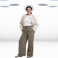 Ex Simply Be Womens Plus Size Linen Mix Wide Leg Trousers in Brown Leopard Print