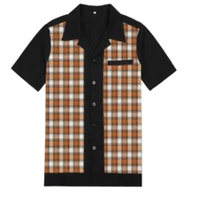 Mens Shirt Short Sleeve Retro Rockabilly Bowling Casual Plaid Check Shirts 