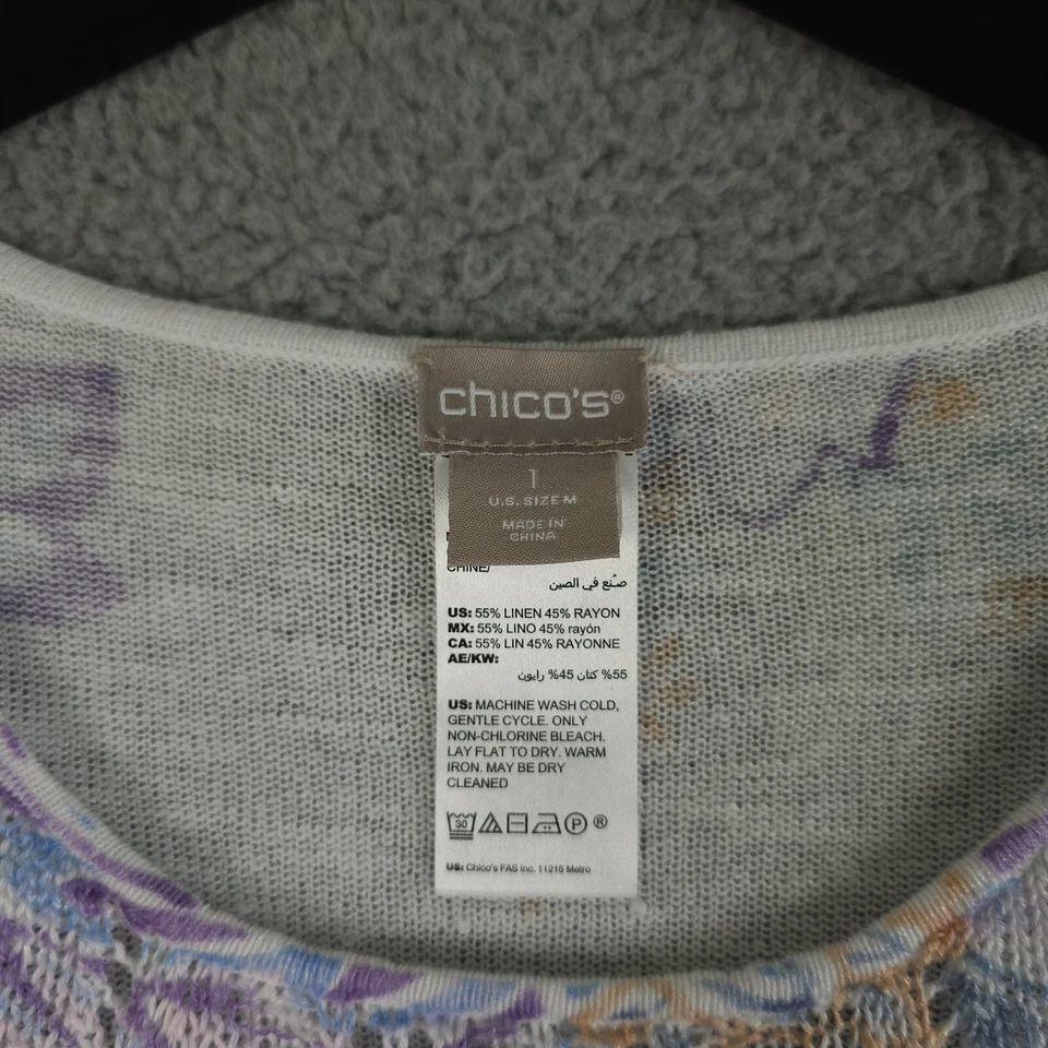 Suéter Chicos Mujer 1 EE. UU. Mediano Blanco Púrpura Floral Punto Pointelle Lino Foto 3 de 4