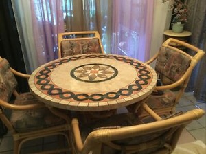 Pietra  Dura Tessellated Stone 42”  Table & 4 Rattan Chairs