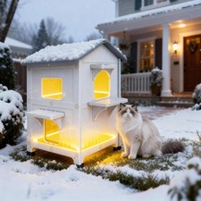 Weatherproof Heated Outdoor Cat House for Feral Cat, 2 Storey Elevated Plasti...