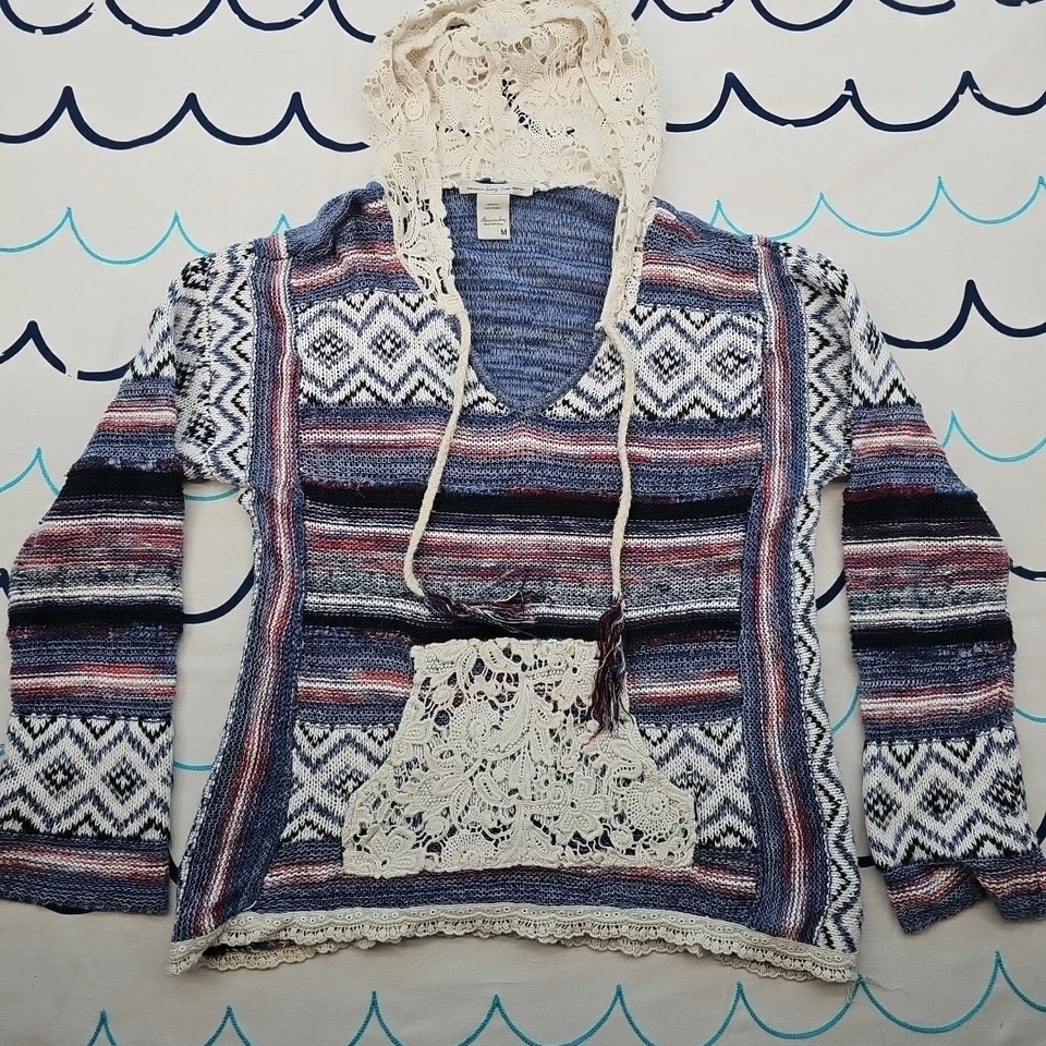 American Rag женщины синий и красный в полоску кружева с капюшоном свитер с карманом размер M - Изображение 2 из 4