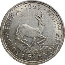 South Africa 1957, 5 Shillings Silver KM#52 QE2, mintage 154K, ASW: 0.4546oz