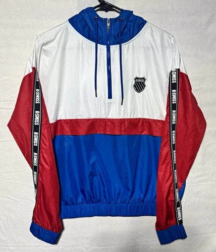 K-Swiss Men's Hooded Colorblock 1/2 Zip Windbreaker Jacket L White Blue Red - product listing photo