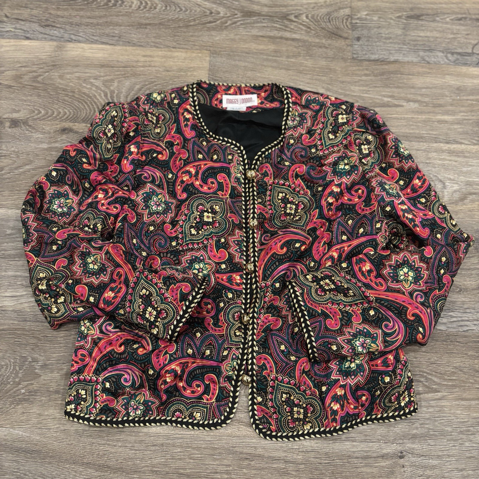 Vtg Maggy London 100% Silk Paisley Jacket – Women’s Retro Boho Statement Coat