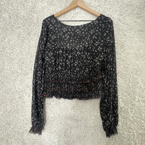 Free People Damen schwarz Blumen gesmokt bedruckt Lolita Bluse Top Größe L - Bild 5 von 11