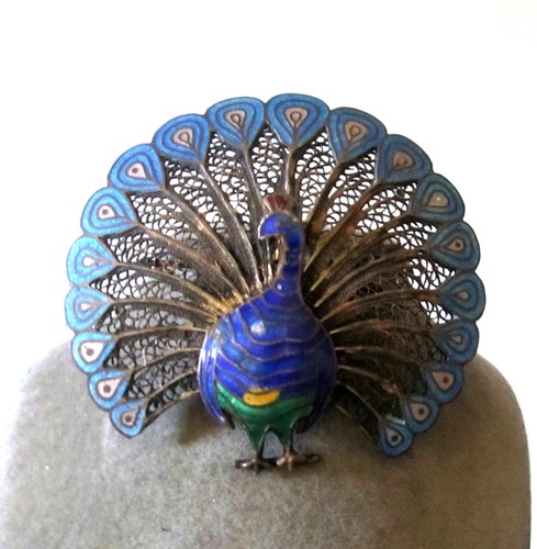 FAB VINTAGE STERLING SILVER ENAMEL PEACOCK PIN BIG 2" GREAT TURQUOISE COLOR - Picture 2 of 4