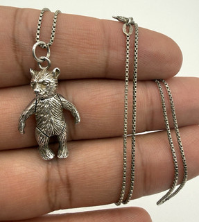 Sterling Silver 925 3D Bear Charm Box Chain Necklace 19 1/2" Inches long
