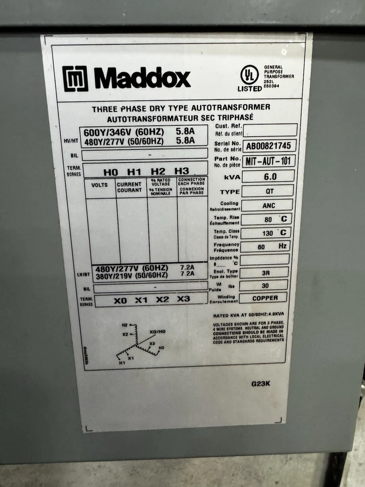 Convertidor de voltaje autotransformador trifásico Maddox 30kVA 600V a 480V Foto 2 de 4