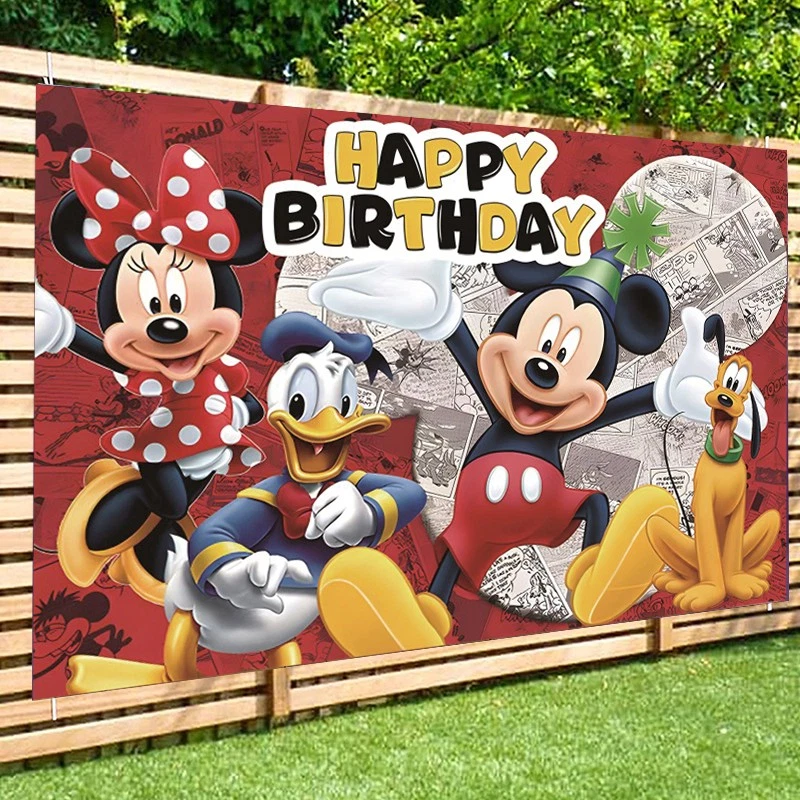 Mickey Minnie Mouse Telón de Fondo Niños Feliz Cumpleaños Fiesta Fondo Banner Decoración Foto 2 de 4