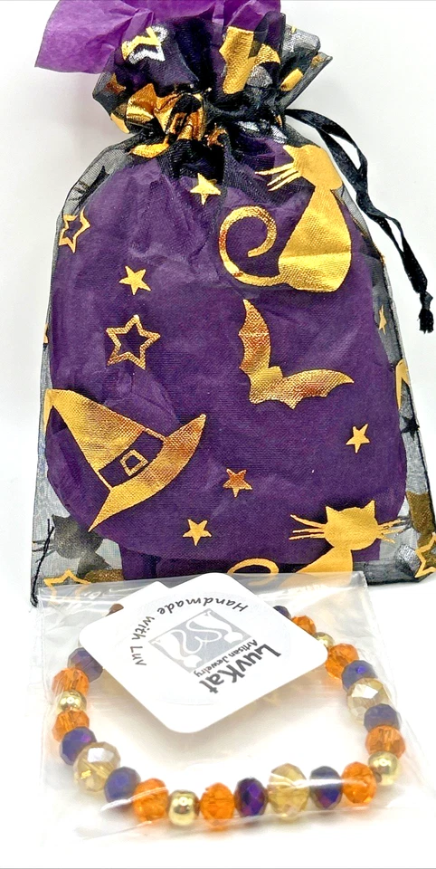 Pulsera elástica de cuentas de vidrio beige y dorado naranja púrpura colores otoño/otoño de 7,5" Foto 3 de 3