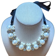 Satin Ribbon Faux Pearl Rhinestones Choker Collar Bib Tie Back Necklace