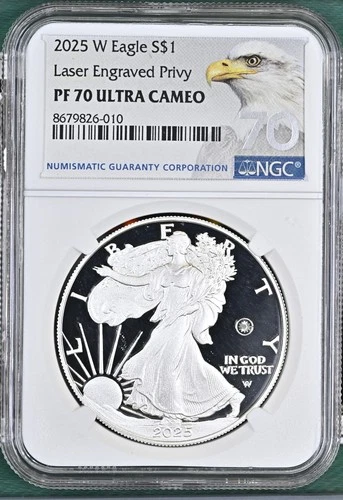 2025 W Silver American Eagle S$1 Laser Engraved Privy NGC PF70 Ultra Cameo