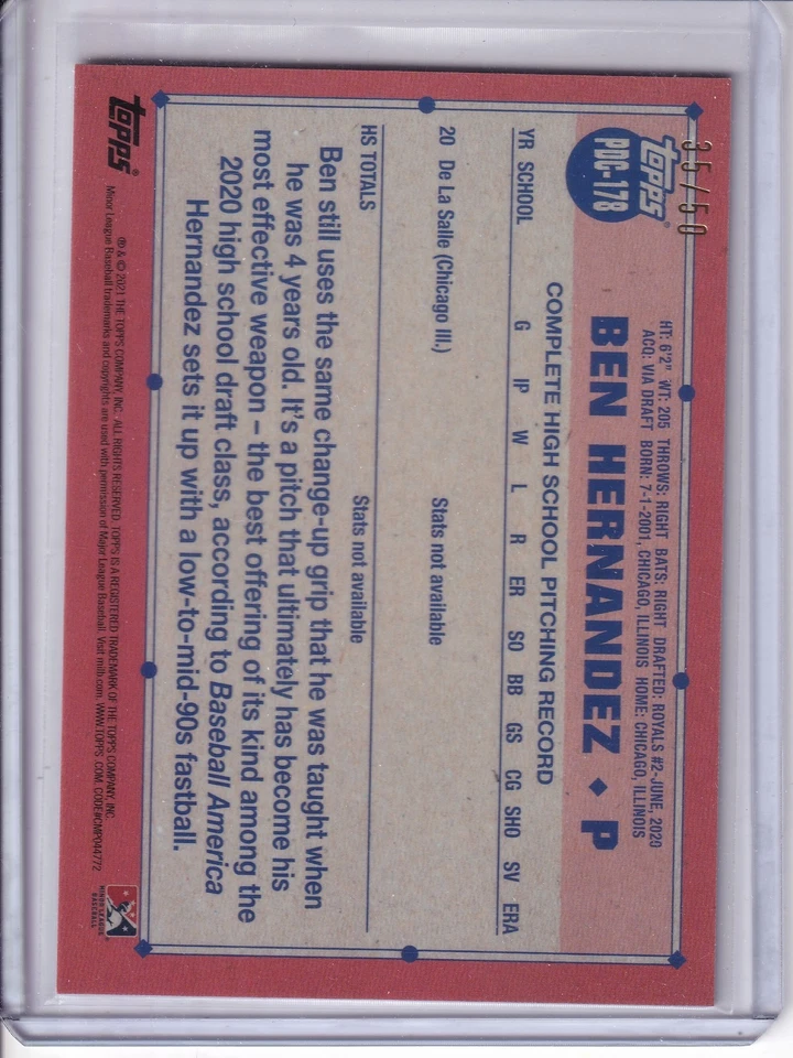 2021 Topps Pro Debut - Ben Hernandez - #PDC-178 Gold Chrome Refractor /50 - Image 2 of 2