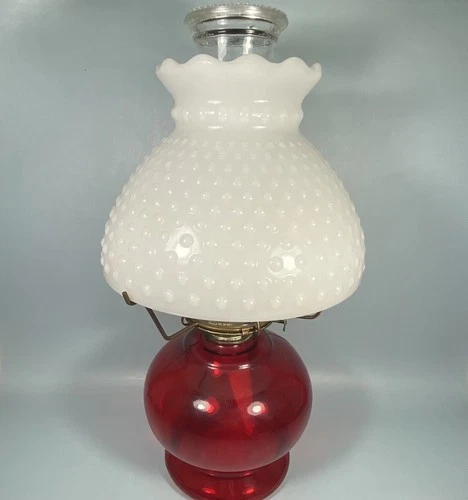 Vintage Red Glass Hurricane Oil Lamp Eagle Burner Milk Glass Hobnail Shade Nice!