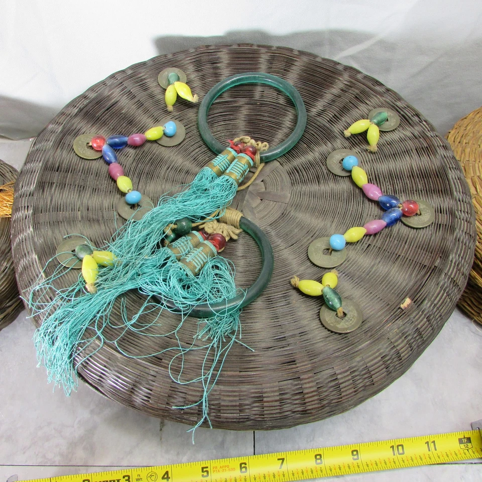 Round Woven Rattan Wicker Lidded Baskets Set Beaded Tassels Asian Decor Lot of 3 - Image 2 of 4