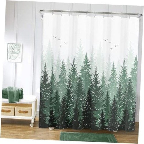 Dark Green Misty Forest Mountain Nature Tree Fabric Shower Curtains for