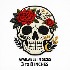 Floral Skull Embroidered Iron-On Patch 3-8in Gothic Rose Skeleton Badge