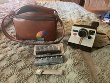 Vtg Polaroid SX-70 OneStep White Rainbow Stripe Land Camera TESTED with case