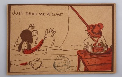 Vintage Odd Postcard 1908 Just Drop Me Line Fishing Please Write