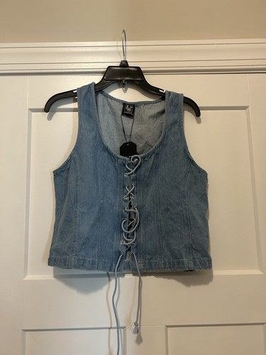 Jeans donna taglia Xl denim top jeans tank stile corsetto cotone blu stringato nuovo
