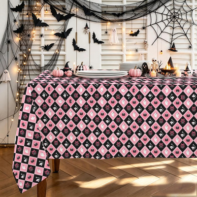 Halloween Tablecloth 60×84 Inch Rectangular, Black/Pink Checkered Cute Pumpkin G